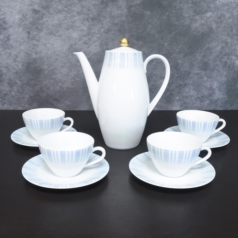 Vintage Seltmann Weiden Porcelain MCM White Blue Coffee Tea Pot Cup Saucer Set